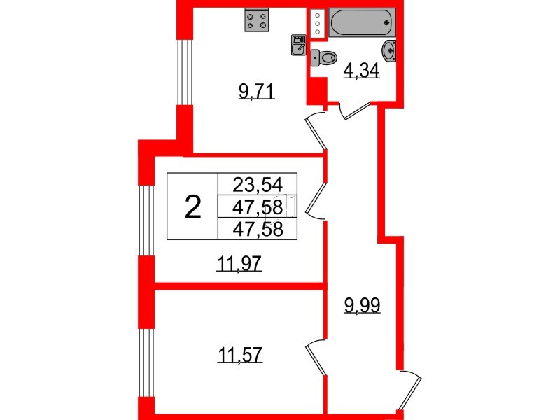 Квартира в ЖК Сертолово Парк, 2 комнатная, 47.2 м², 1 этаж