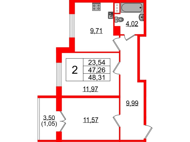 Квартира в ЖК Сертолово Парк, 2 комнатная, 47 м², 4 этаж