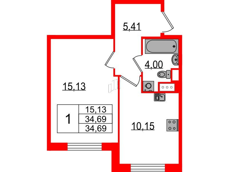 Квартира в ЖК Sertolovo Park, 1 комнатная, 34.69 м², 2 этаж
