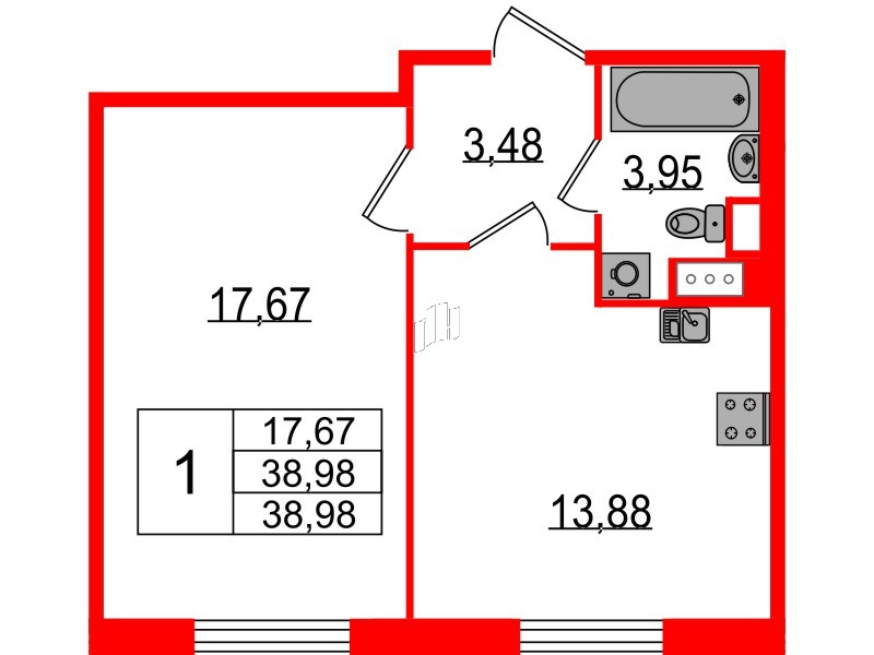 Квартира в ЖК Sertolovo Park, 1 комнатная, 38.98 м², 2 этаж