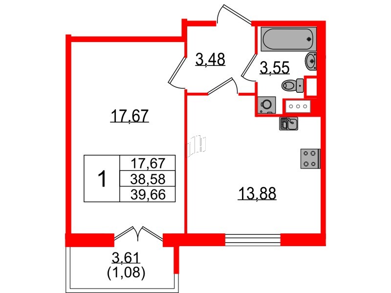 Квартира в ЖК Sertolovo Park, 1 комнатная, 39.66 м², 4 этаж
