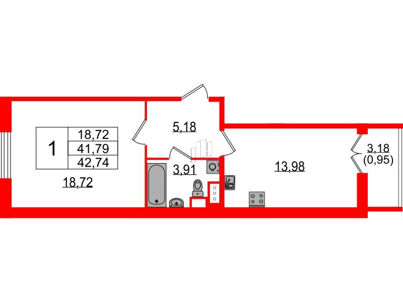 Квартира в ЖК Sertolovo Park, 1 комнатная, 42.74 м², 7 этаж