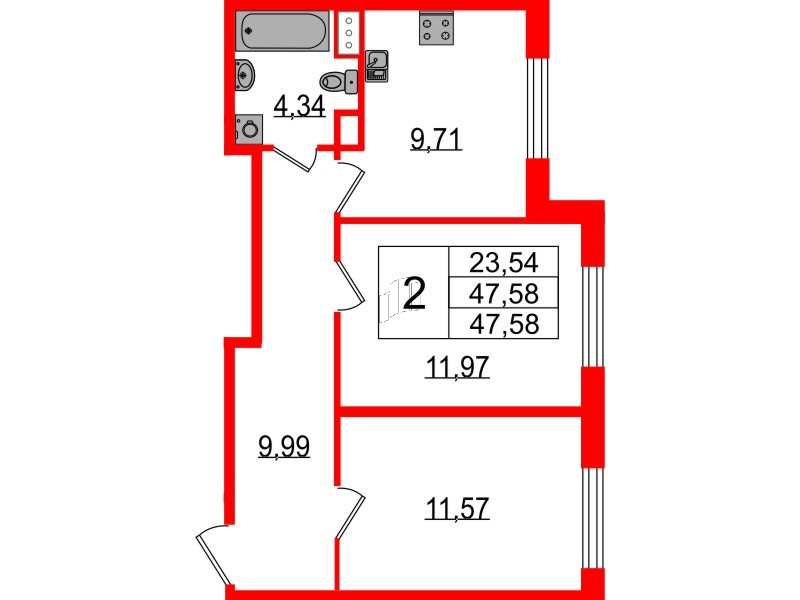 Квартира в ЖК Сертолово Парк, 2 комнатная, 47.2 м², 1 этаж