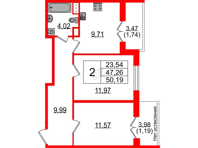 Квартира в ЖК Сертолово Парк, 2 комнатная, 46.7 м², 2 этаж
