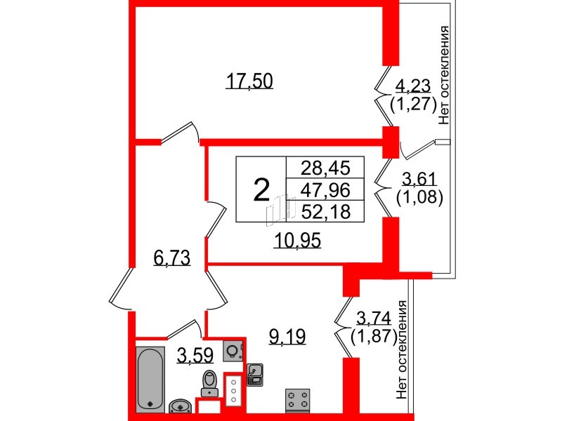 Квартира в ЖК Сертолово Парк, 2 комнатная, 47.4 м², 2 этаж