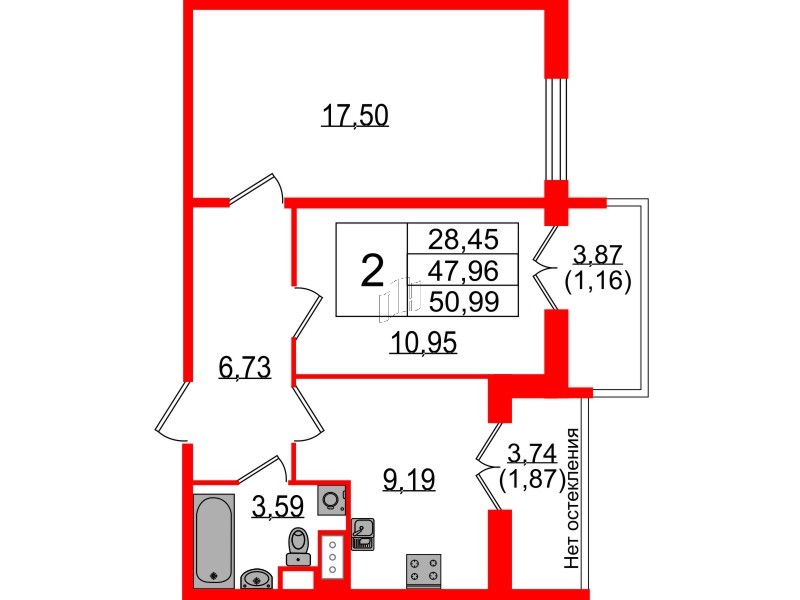 Квартира в ЖК Сертолово Парк, 2 комнатная, 47.6 м², 7 этаж