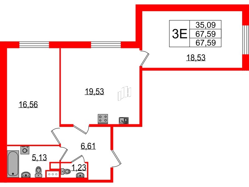Квартира в ЖК Сертолово Парк, 2 комнатная, 67.3 м², 1 этаж