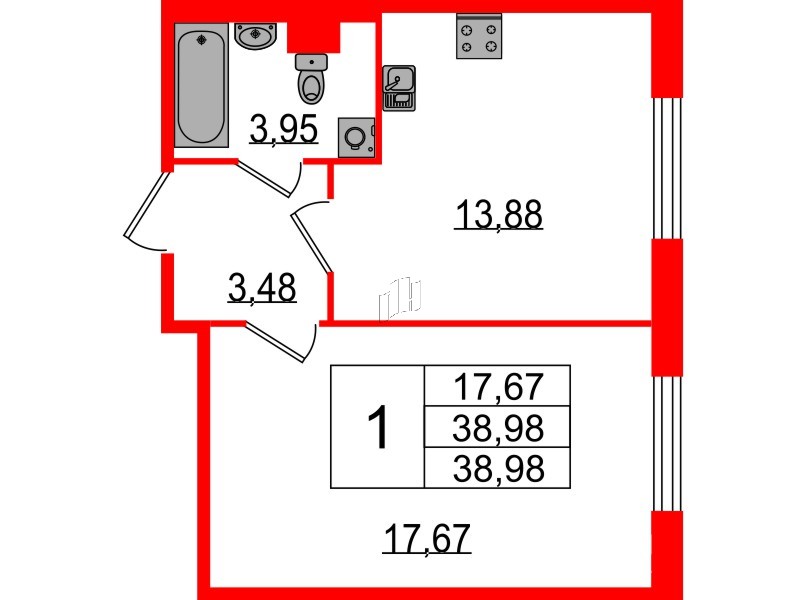 Квартира в ЖК Sertolovo Park, 1 комнатная, 38.98 м², 1 этаж