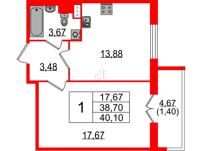 Квартира в ЖК Sertolovo Park, 1 комнатная, 40.1 м², 2 этаж