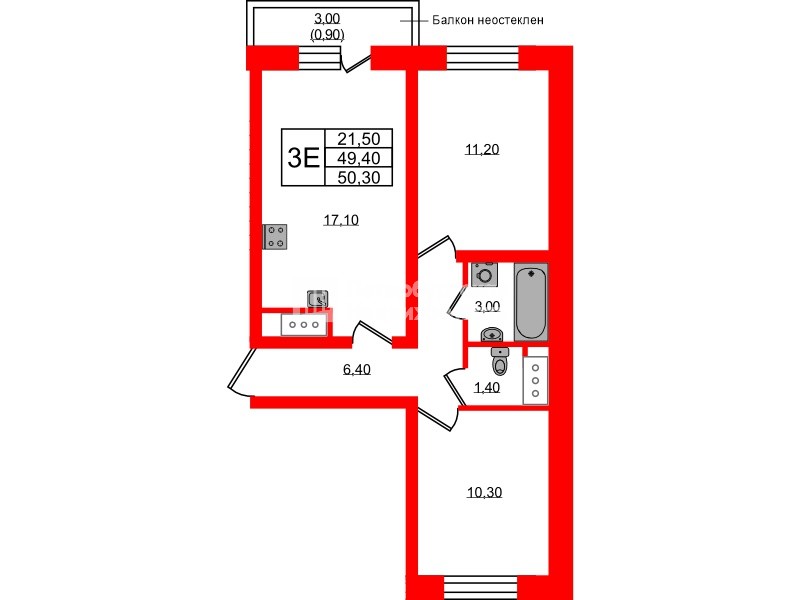 Квартира в ЖК Ржевский парк, 2 комнатная, 50.3 м², 13 этаж