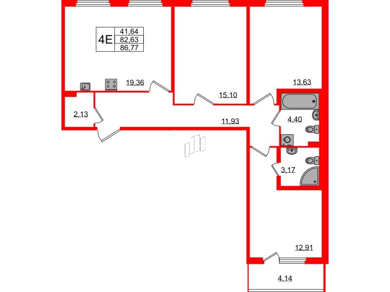 Квартира в ЖК Любоград, 3 комнатная, 82.63 м², 1 этаж