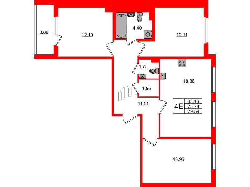 Квартира в ЖК Любоград, 3 комнатная, 75.73 м², 1 этаж