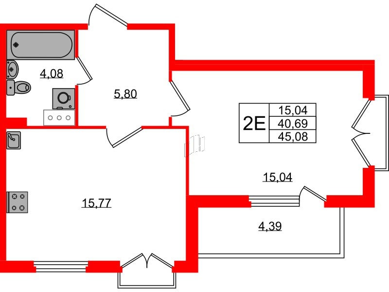 Квартира в ЖК Любоград, 1 комнатная, 40.69 м², 2 этаж
