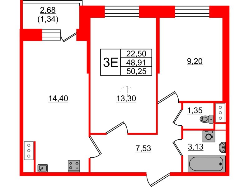 Квартира в ЖК Живи в Рыбацком, 2 комнатная, 48.91 м², 14 этаж