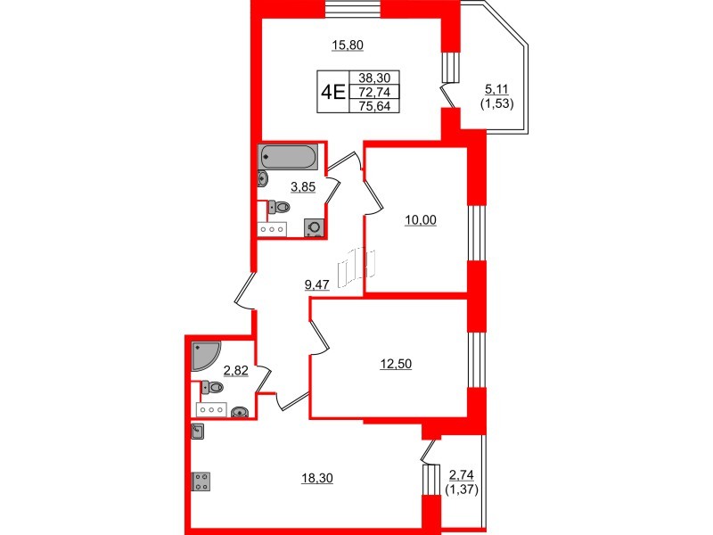 Квартира в ЖК Живи в Рыбацком, 3 комнатная, 72.74 м², 4 этаж