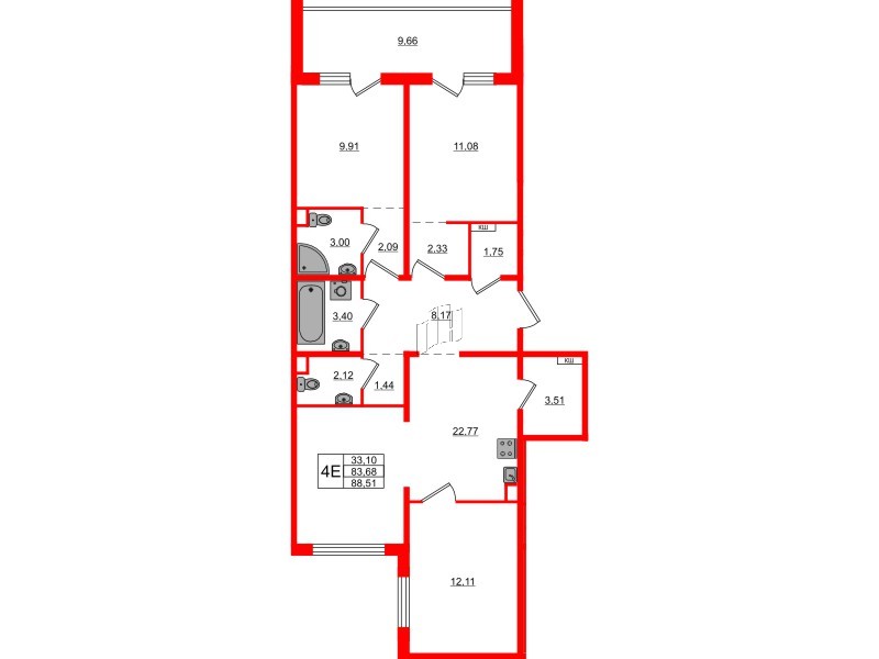 Квартира в ЖК «ЛесART», 3 комнатная, 88.51 м², 12 этаж