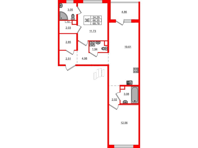 Квартира в ЖК «ЛесАрт», 2 комнатная, 68.78 м², 8 этаж