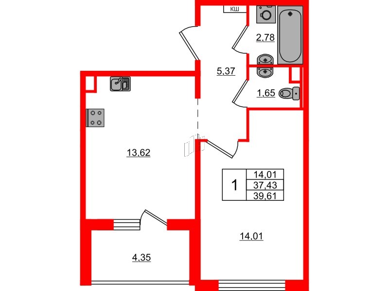 Квартира в ЖК «ЛесART», 1 комнатная, 39.61 м², 2 этаж