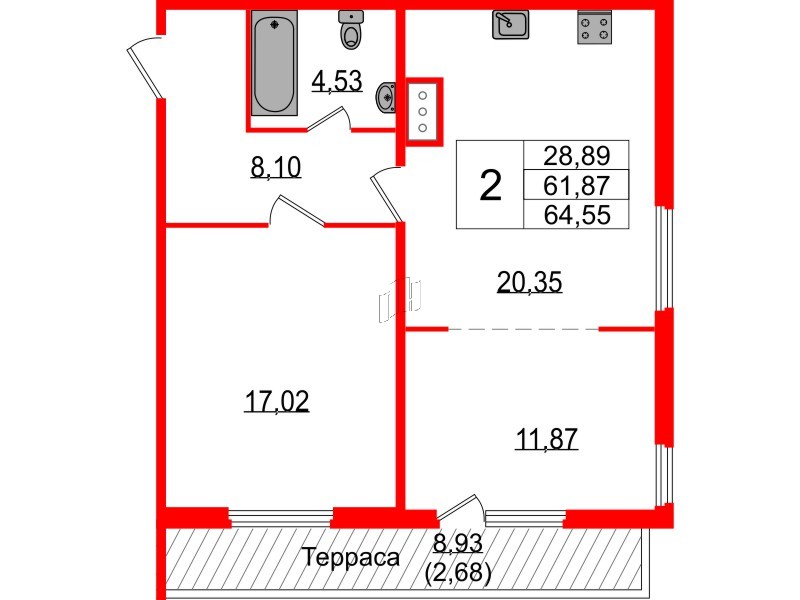 Квартира в ЖК Белевский клуб, 2 комнатная, 64.55 м², 8 этаж