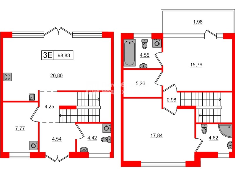 Квартира в ЖК «Моменты Репино», 2 комнатная, 98.83 м², 1 этаж