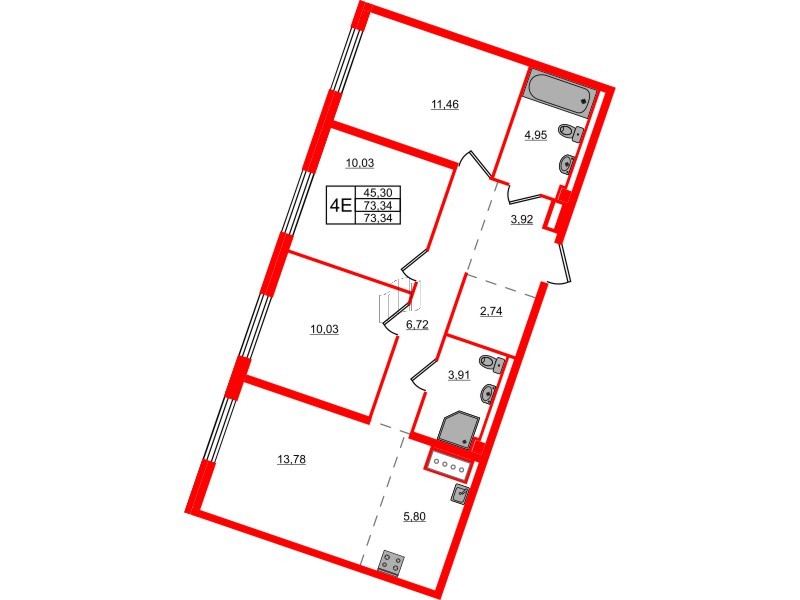 Квартира в ЖК Квартал Лаголово, 3 комнатная, 73.34 м², 3 этаж