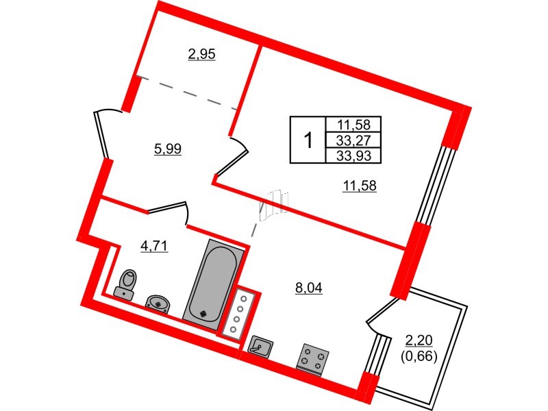 Квартира в ЖК Квартал Лаголово, 1 комнатная, 33.93 м², 3 этаж