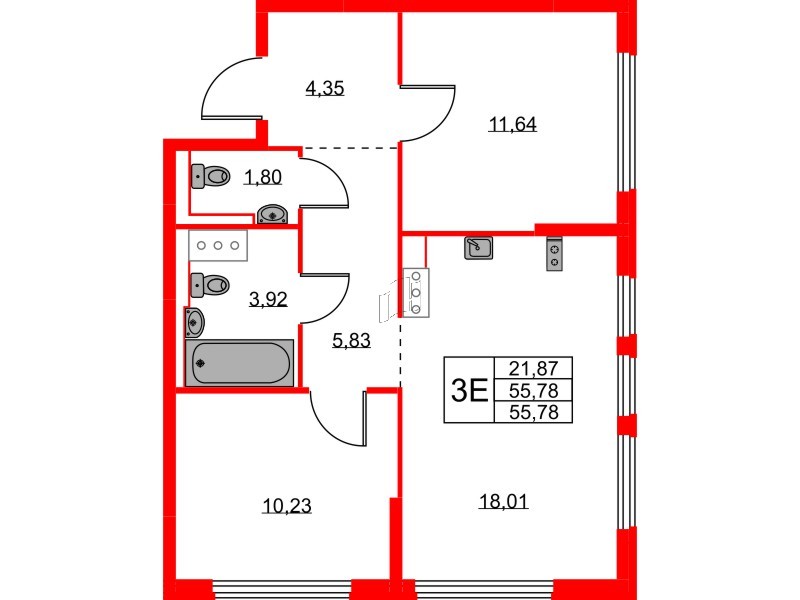 Квартира в ЖК Новое Колпино, 2 комнатная, 55.78 м², 5 этаж