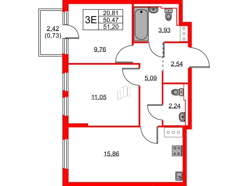 Квартира в ЖК Новое Колпино, 2 комнатная, 51.2 м², 7 этаж