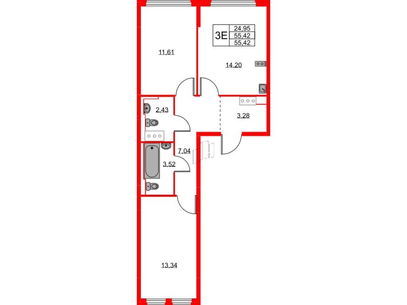 Квартира в ЖК Новое Колпино, 2 комнатная, 55.42 м², 5 этаж