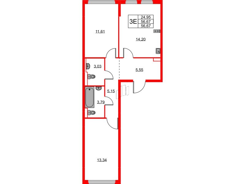 Квартира в ЖК Новое Колпино, 2 комнатная, 56.67 м², 1 этаж