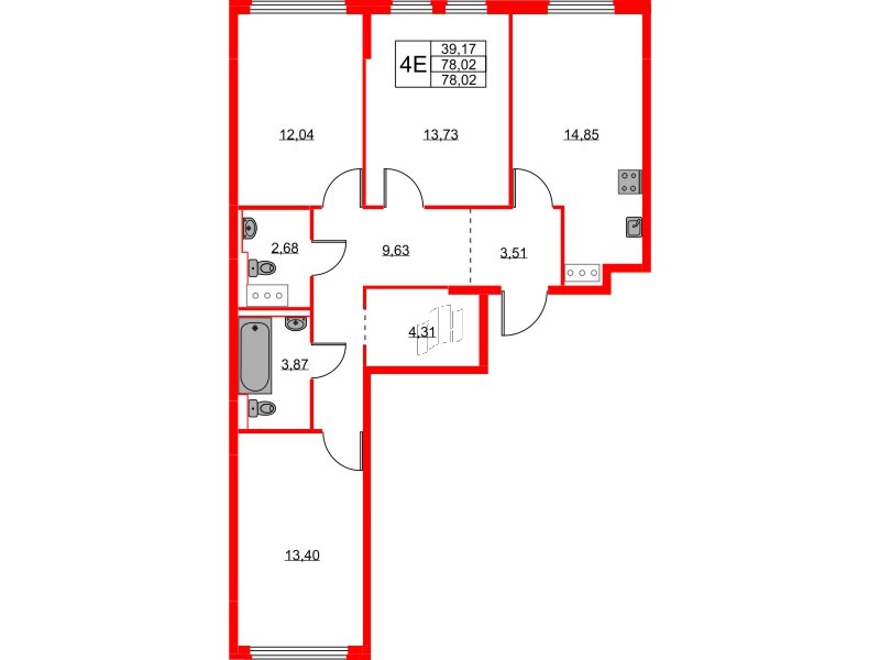 Квартира в ЖК Новое Колпино, 3 комнатная, 78.02 м², 7 этаж