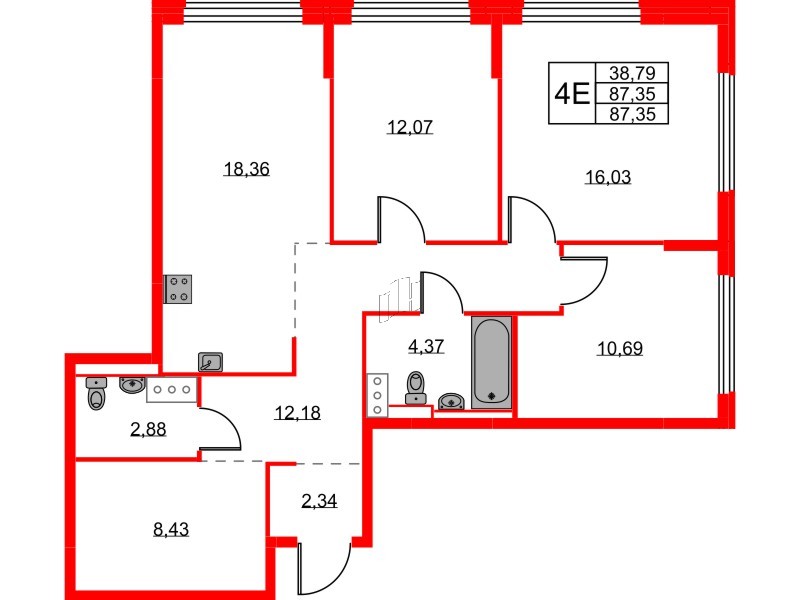 Квартира в ЖК Новое Колпино, 3 комнатная, 87.35 м², 2 этаж