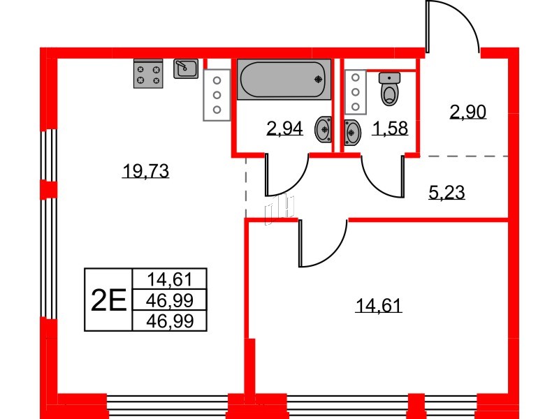 Квартира в ЖК Новое Колпино, 1 комнатная, 46.99 м², 2 этаж