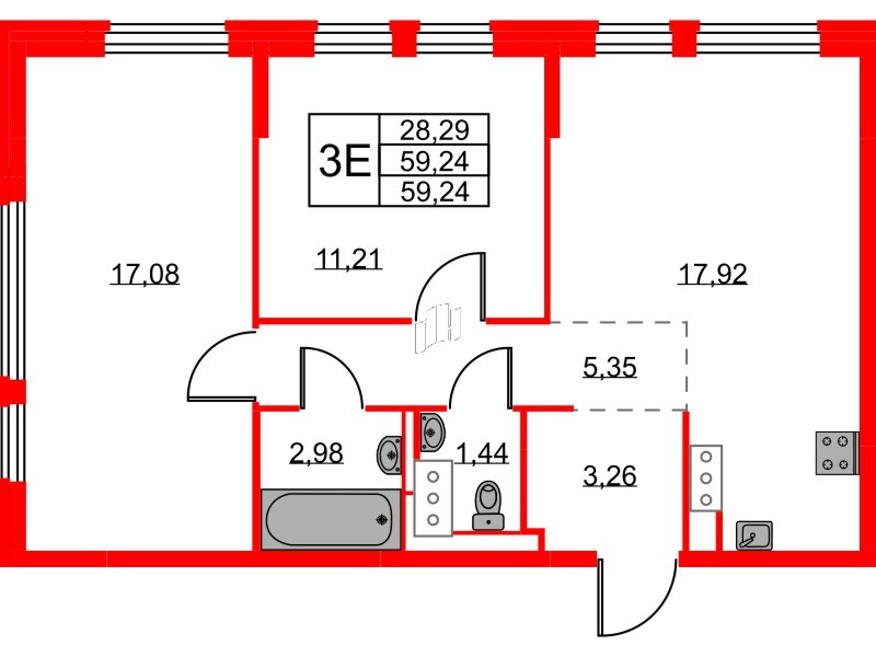Квартира в ЖК «Новое Колпино», 2 комнатная, 59.24 м², 4 этаж