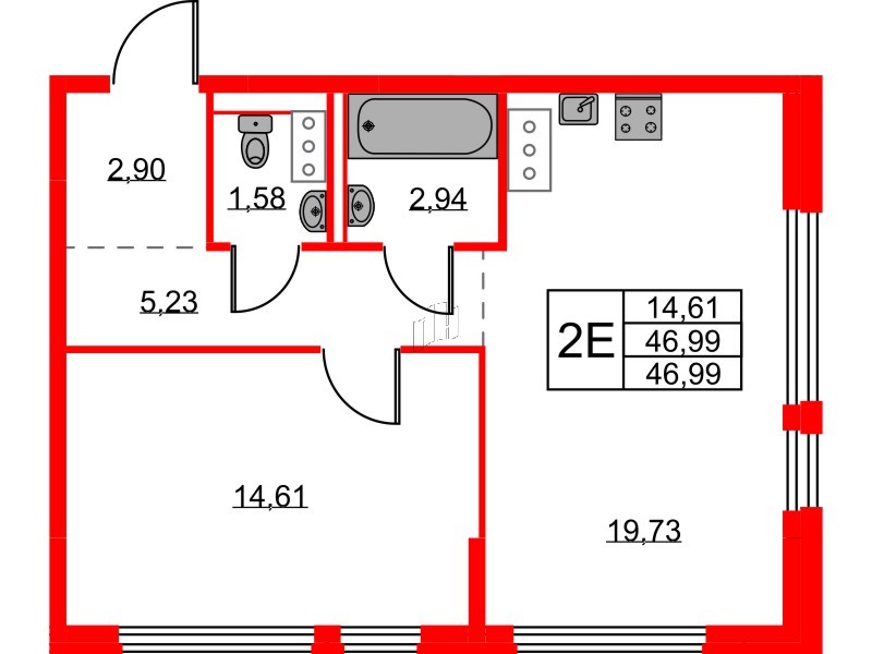 Квартира в ЖК Новое Колпино, 1 комнатная, 46.99 м², 9 этаж