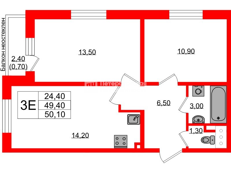 Квартира в ЖК Ржевский парк, 2 комнатная, 50.1 м², 14 этаж