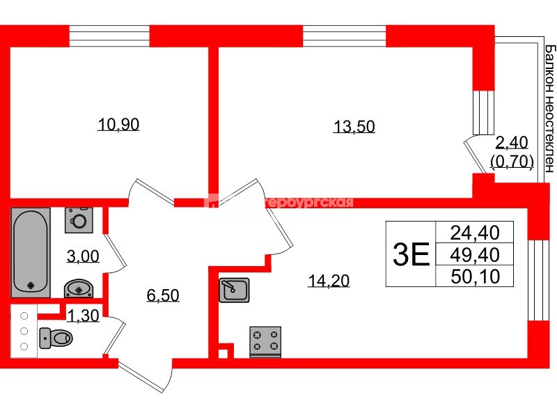 Квартира в ЖК Ржевский парк, 2 комнатная, 50.1 м², 11 этаж