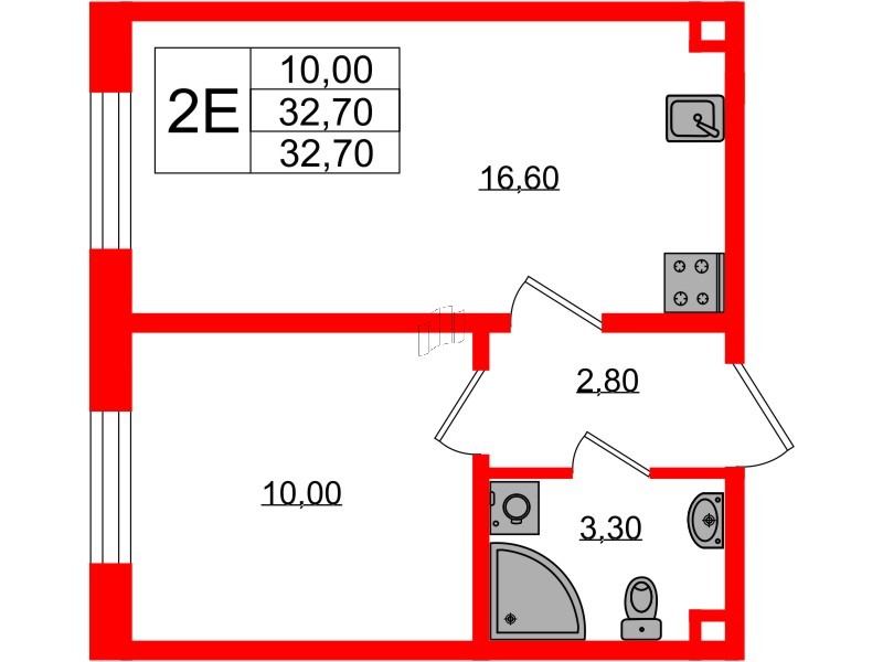 Квартира в ЖК «Ржевский парк», 1 комнатная, 32.7 м², 2 этаж