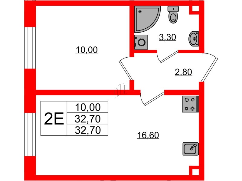 Квартира в ЖК Ржевский парк, 1 комнатная, 32.7 м², 2 этаж