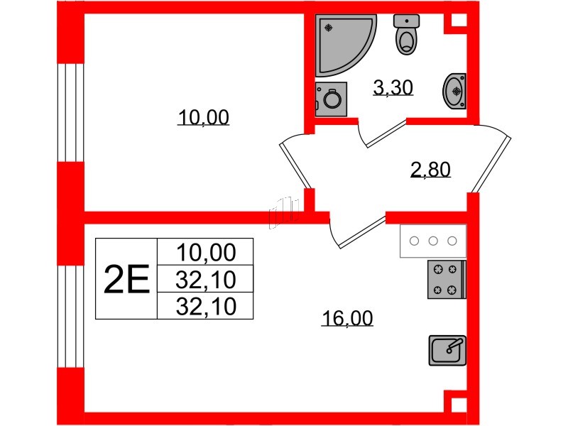 Квартира в ЖК «Ржевский парк», 1 комнатная, 32.1 м², 6 этаж