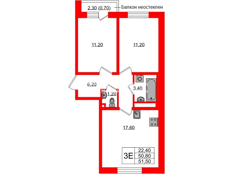Квартира в ЖК Ржевский парк, 2 комнатная, 51.5 м², 14 этаж