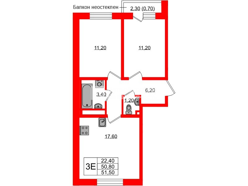 Квартира в ЖК Ржевский парк, 2 комнатная, 51.5 м², 14 этаж