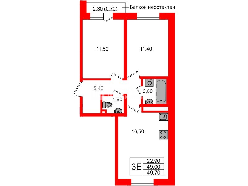 Квартира в ЖК Ржевский парк, 2 комнатная, 49.7 м², 10 этаж