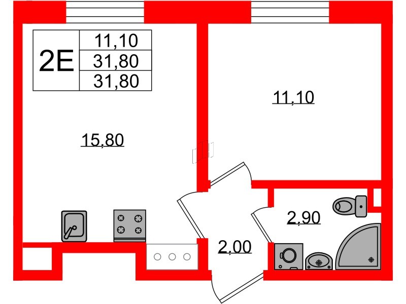 Квартира в ЖК Ржевский парк, 1 комнатная, 31.8 м², 7 этаж