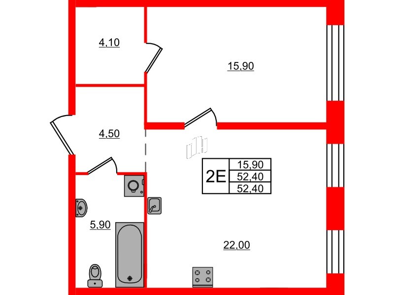 Квартира в ЖК «ЛДМ», 1 комнатная, 52.4 м², 2 этаж