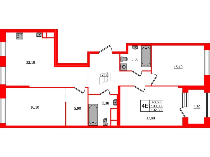 Квартира в ЖК ЛДМ, 3 комнатная, 102.3 м², 6 этаж