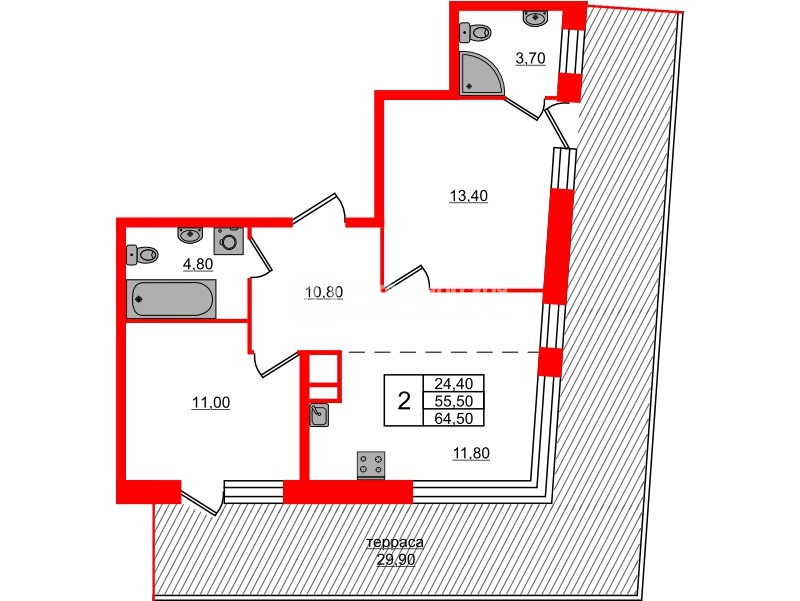 Квартира в ЖК ЛДМ, 2 комнатная, 64.5 м², 9 этаж