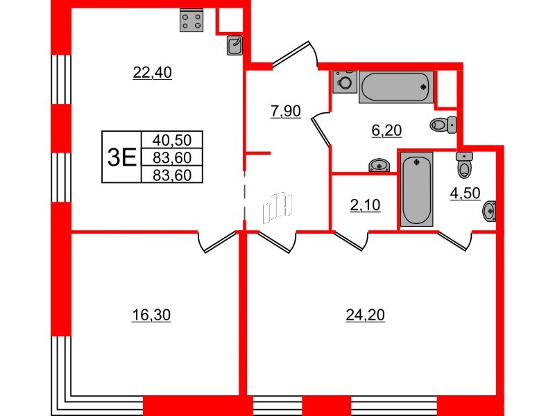 Квартира в ЖК ЛДМ, 2 комнатная, 83.6 м², 8 этаж
