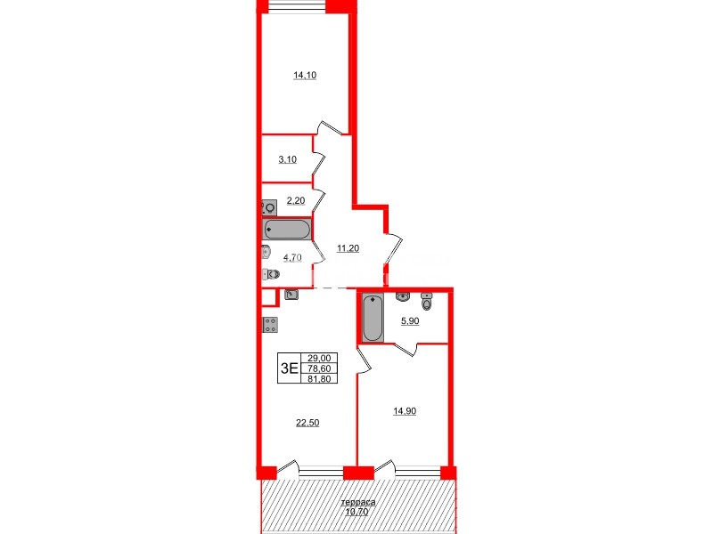 Квартира в ЖК ЛДМ, 2 комнатная, 81.8 м², 9 этаж