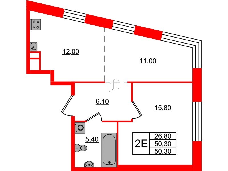 Квартира в ЖК ЛДМ, 2 комнатная, 50.3 м², 5 этаж
